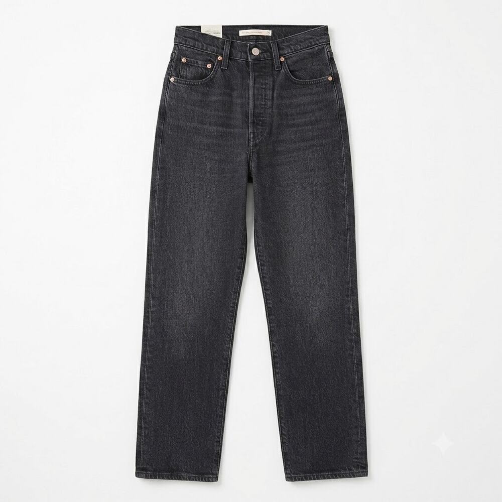 Levis Premium Ribcage Straight Ankle Jeans Black Button Fly High Rise Womens 24